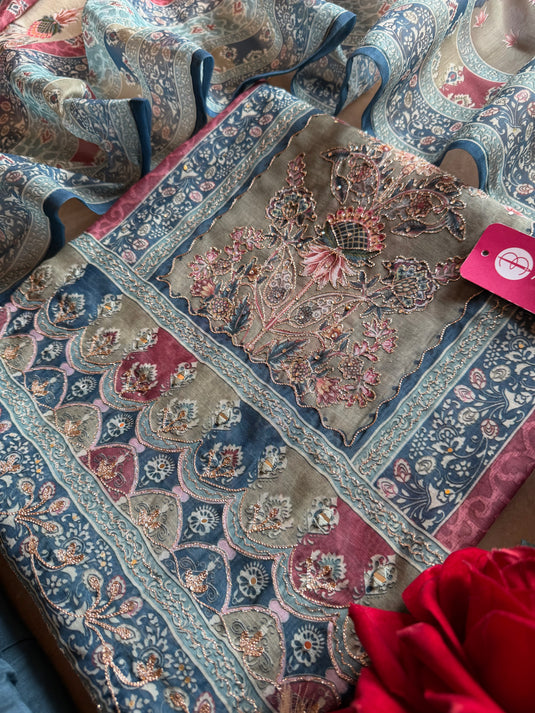 Highlighted Panel Chanderi Persian print suit set