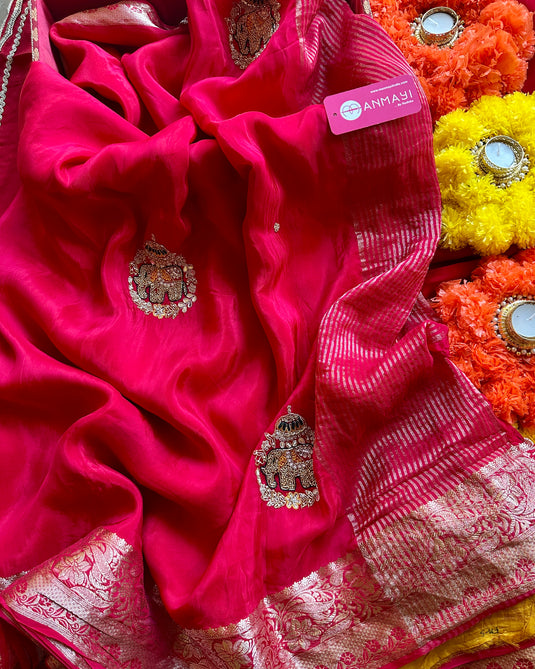 Upada silk hand embroidered saree with raw silk combination blouse