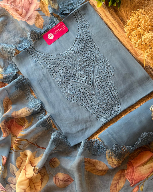 Organza Pakistani cobalt blue suit set with floral dupatta