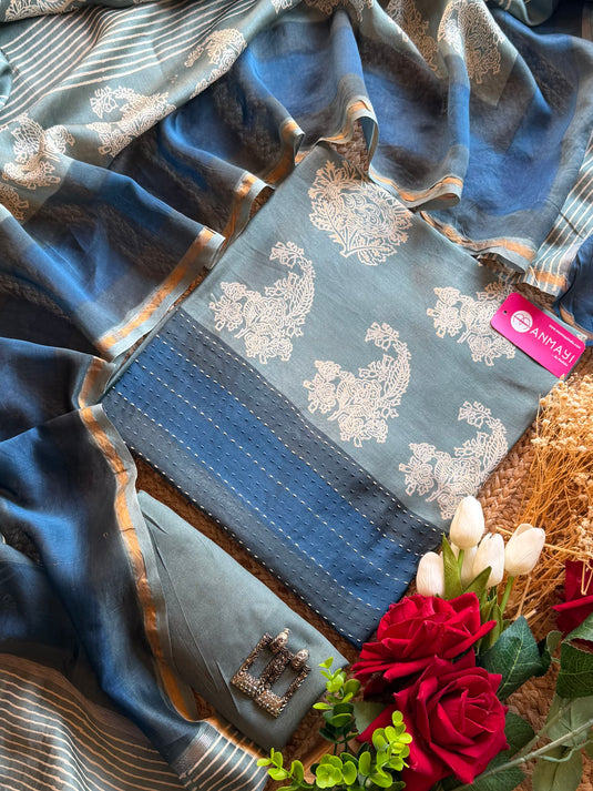 Persian print weave border pure Maheshwari suit set