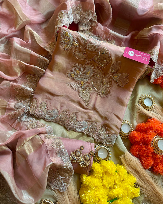 Shimmer silk suit set with banarasi layer dupatta and pearl work details