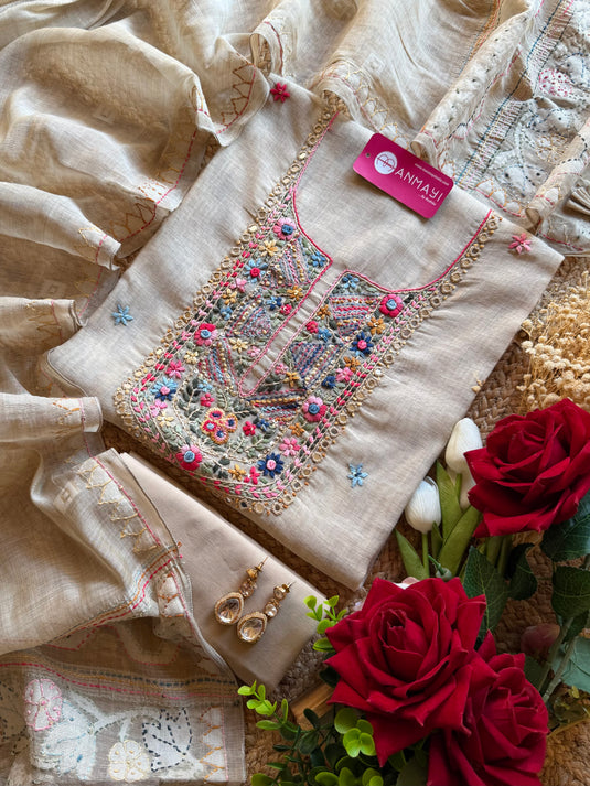 Pure Jamdani Silk French Knot Work Suit Set