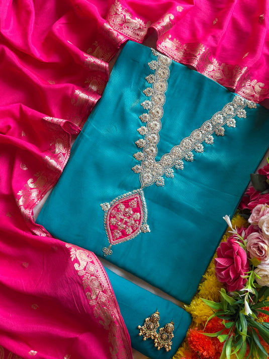 Shimmer lines combination cotton silk suit set with jacquard dupatta