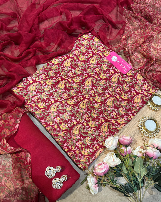 Printed Ambi pure spun suit set with pure chiffon print dupatta