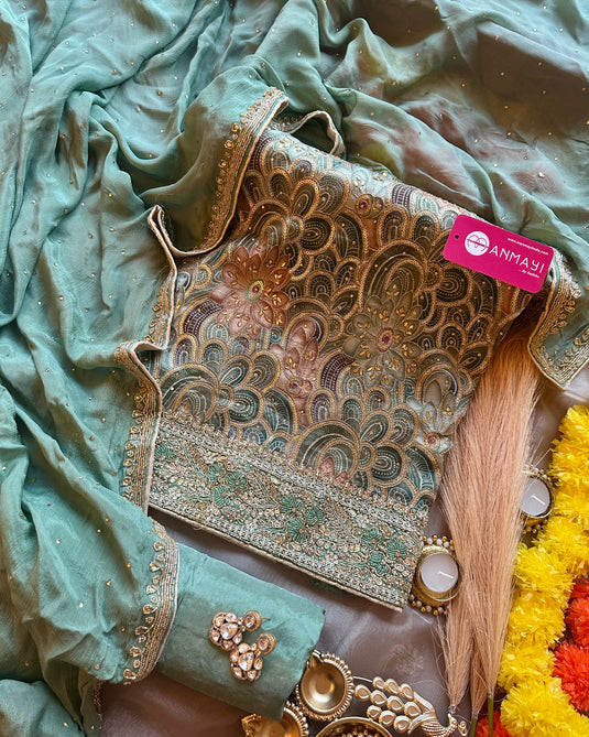 Assorted Chinnon suit set with hand work highlights
