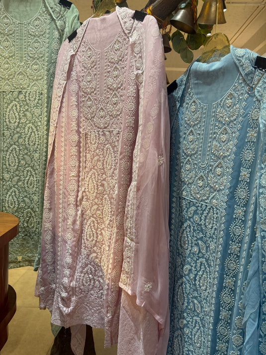 Pure Georgette Lucknawi beads detail suit set