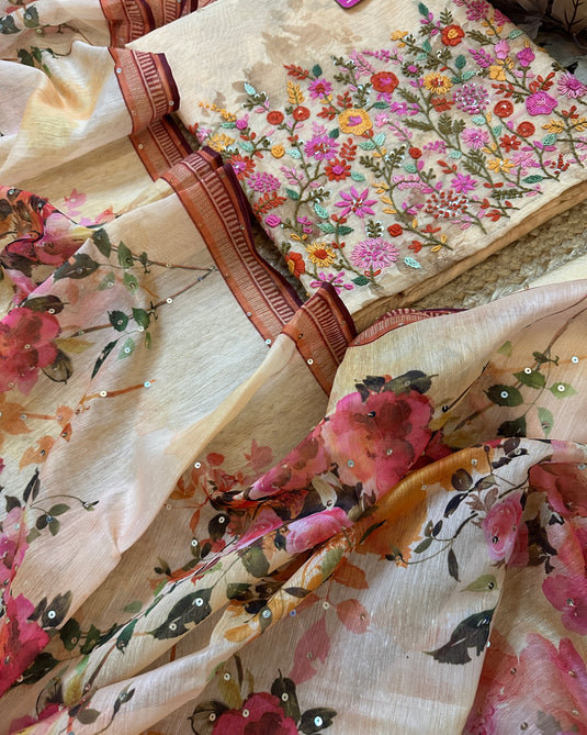 Soft Chanderi French knot work suit sets with highlights print dupatta