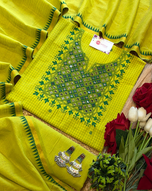 Soft Handloom cotton suit set with mirror neck