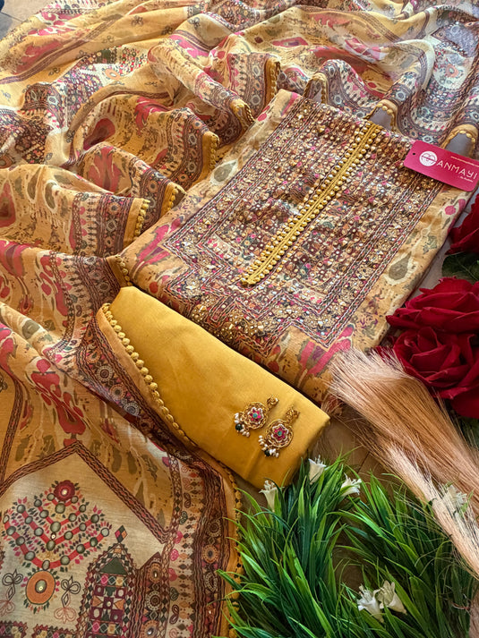 Patola print boho neck Chanderi suit set