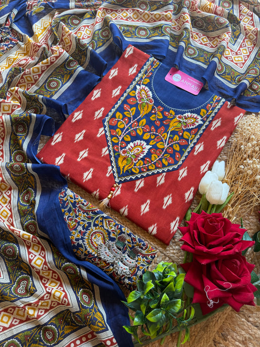 Patola print Cambric cotton suit with Kalamkari combination