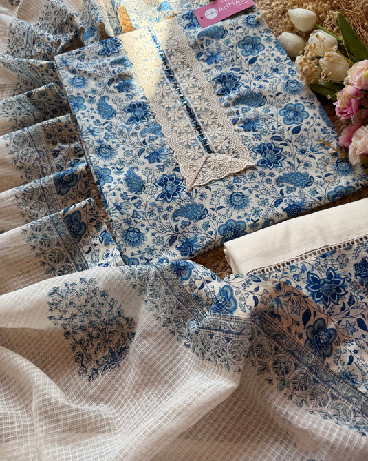 Indigo flower print pure cotton Pakistani suit with printed bottom and Kota dupatta