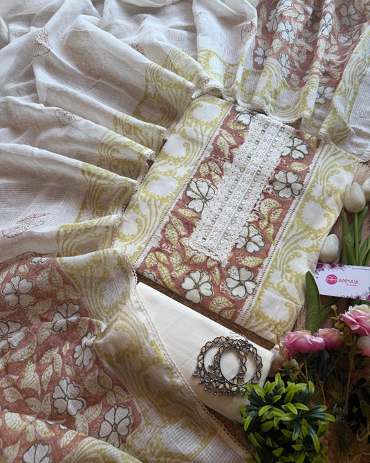 Creamy panel flower suit set with kota block dupatta