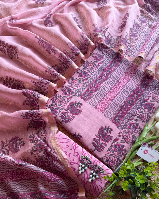Mughal floral booti block print pure Mul Chanderi suit set