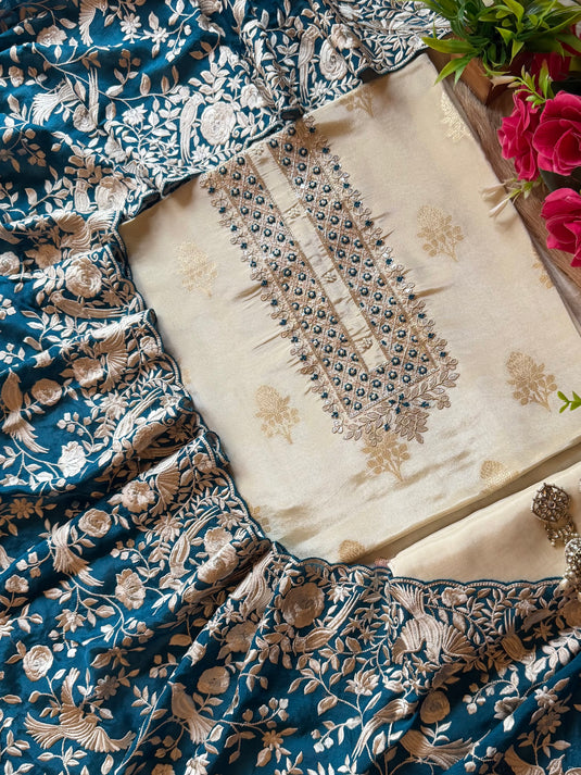 Ivory pure silk set with Georgette Parsi dupatta