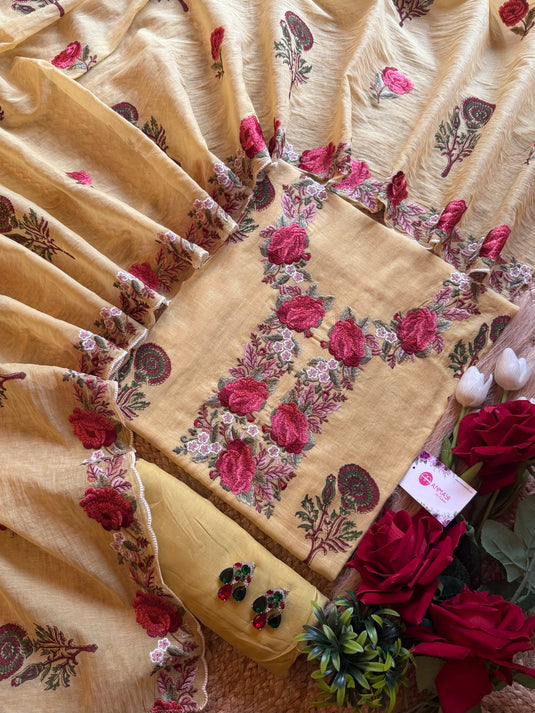 Block print rose embroidery Mul Chanderi suit set