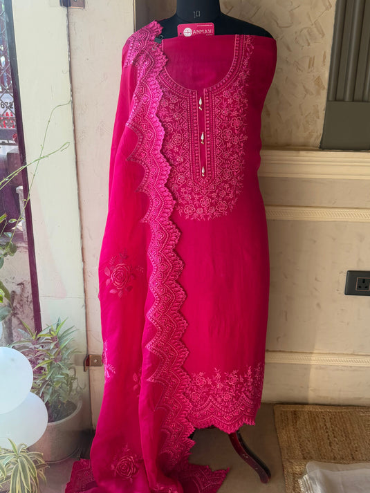 Cut aari work pure organza fuchsia pink suit set
