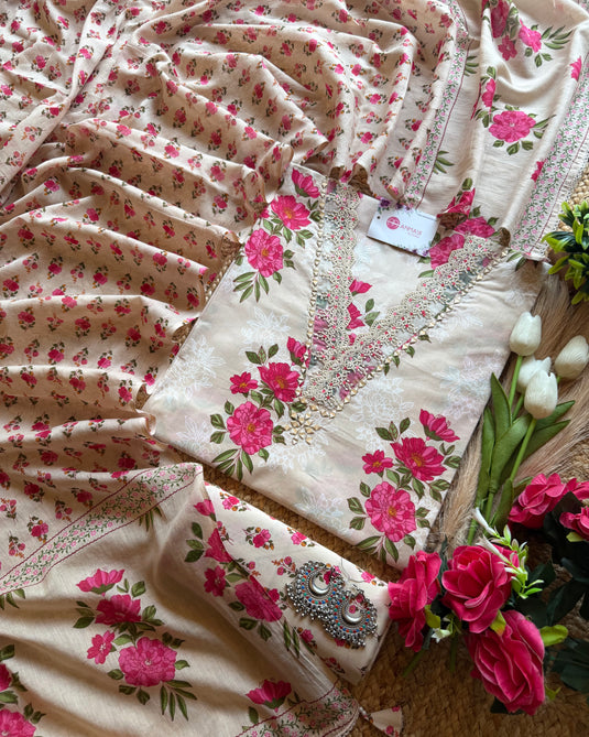 Blushing rose lace neck pure cotton suit set