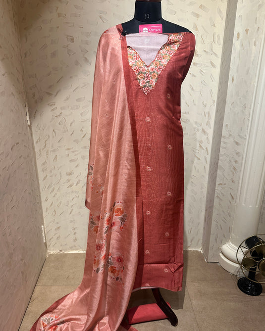 Soft Chanderi parsi neck work suit set with digital print dupattas