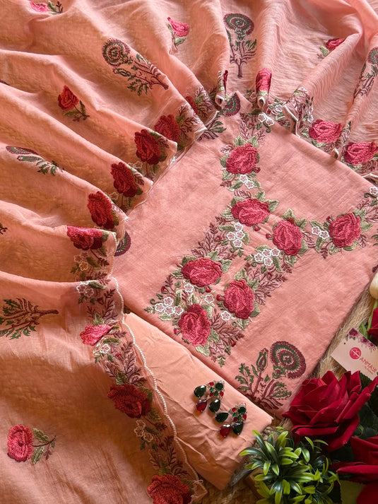 Block print rose embroidery Mul Chanderi suit set