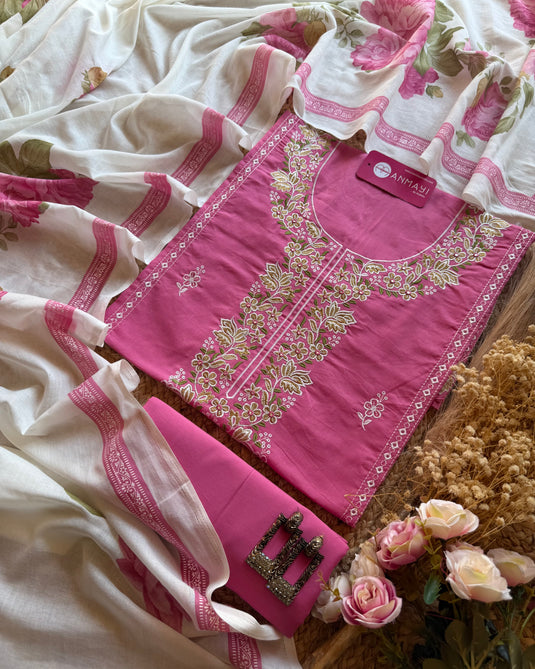 Machine embroidered cotton suit set with floral mul dupatta