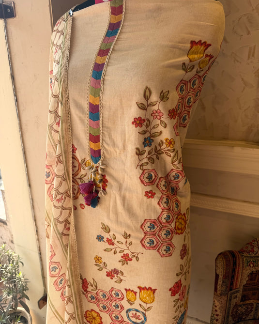 Mul cotton patterned print cream suit set with shantoon bottom and muslin dupatta