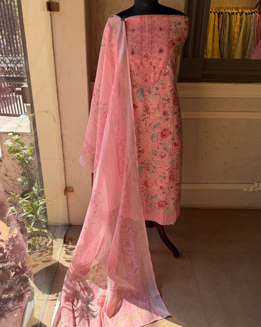 Printed florals soft linen suit set with patched neck