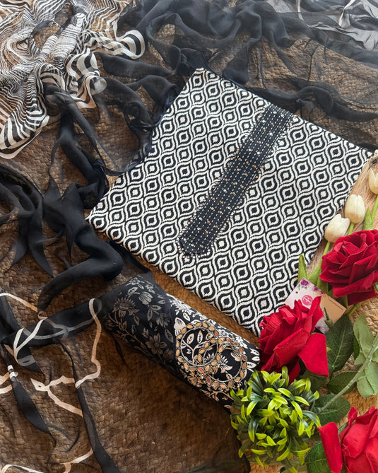 Patterned black and white cotton with chiffon dupatta