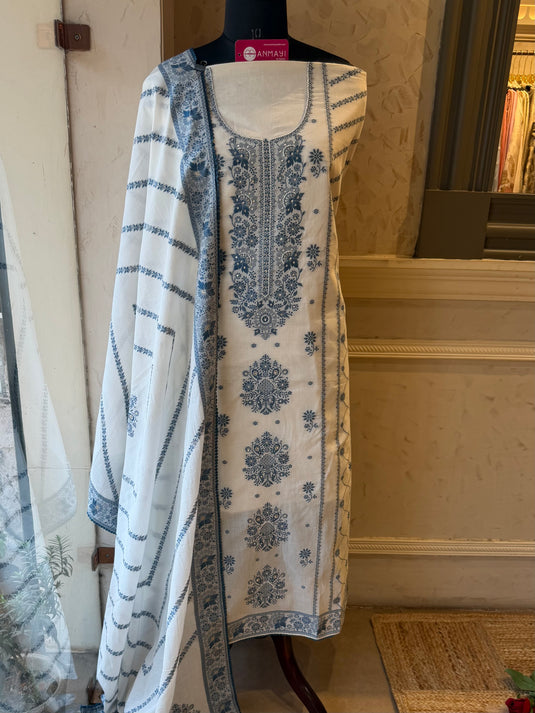 Cotton weave pearl highlight indigo cream suit set