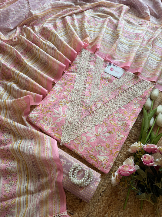 Cambric cotton V neck crochet Jaipuri pastel suit set