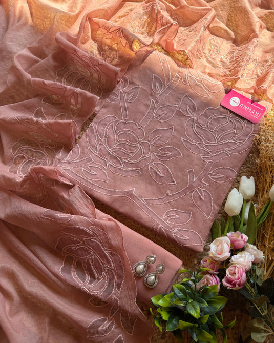 Applique work english shades mul chanderi suit set