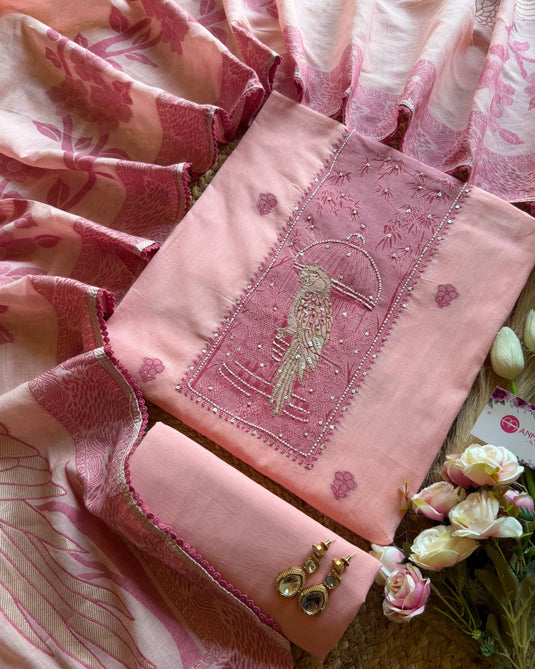Jamdani weave parrot style cotton suit set