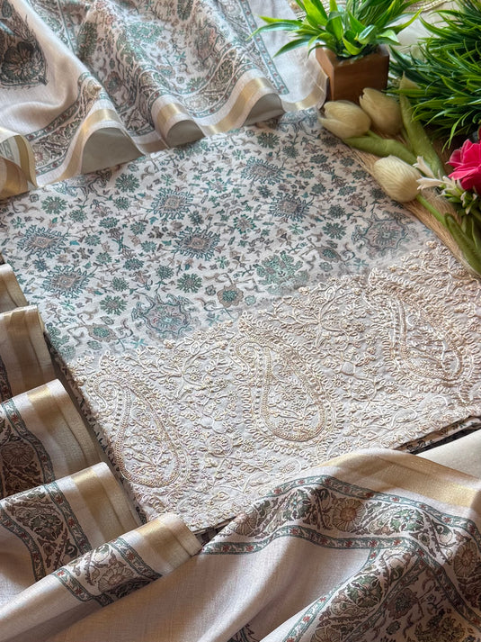 Beige flower Tussar silk Dori work border suit set