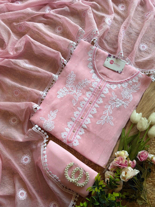 Leafy kurta neck Mul Chanderi pastel suit set