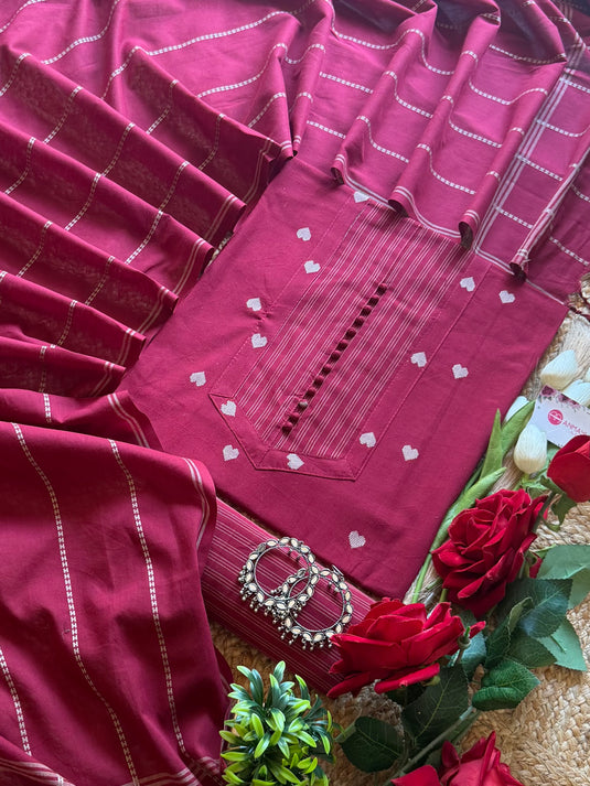 Soft Handloom heart cotton boondi buttoned suit set