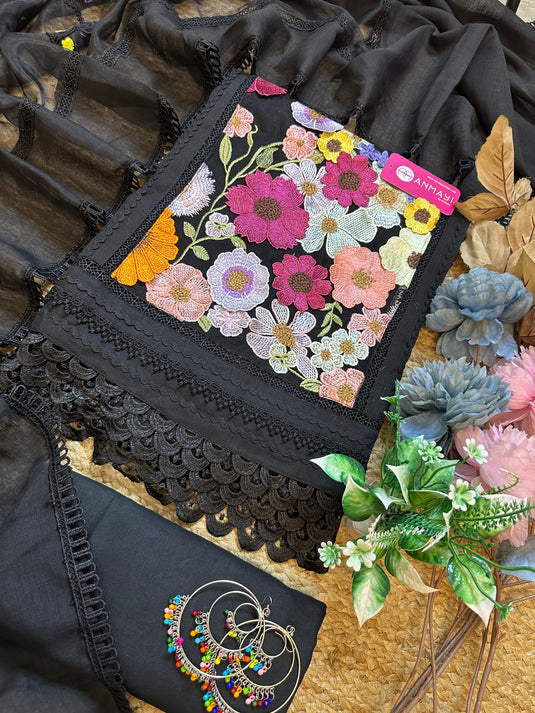 3D Floral black linen cotton suit set