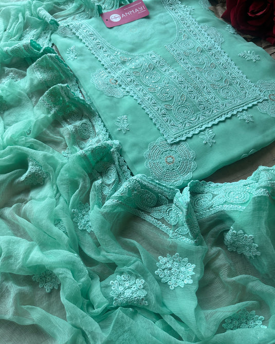 Pure georgette chikankari flower work suit set