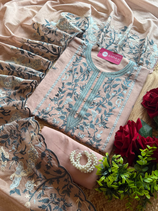 Mul Chanderi Parsi panel pastel work suit set