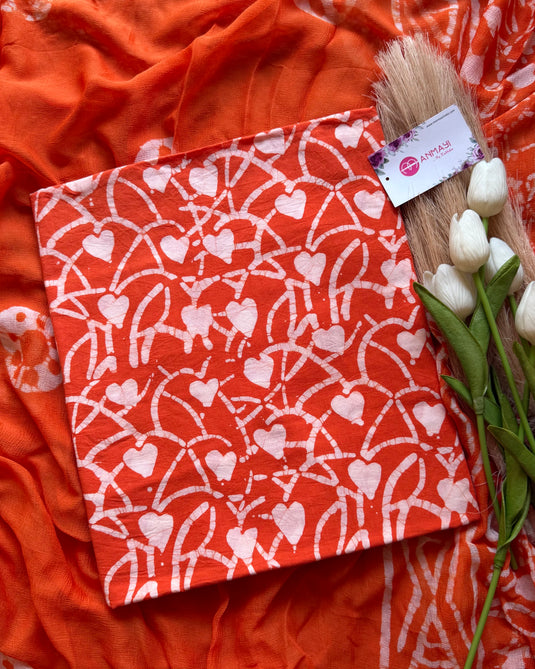 Batik print cambric cotton suit set with chiffon dupatta