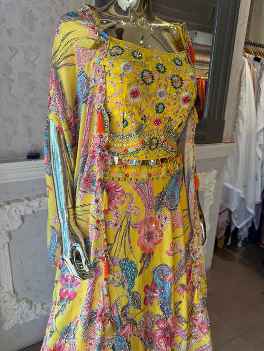 Yellow 3 pcs Haldi dress with embroidered choli, skirt and drape