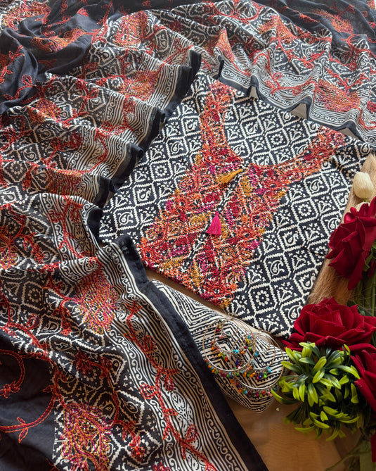 Coloured Kantha neck and dupatta on printed cotton suit