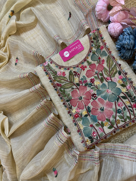 Golden Shimmer Kota Kantha embroidered neck work