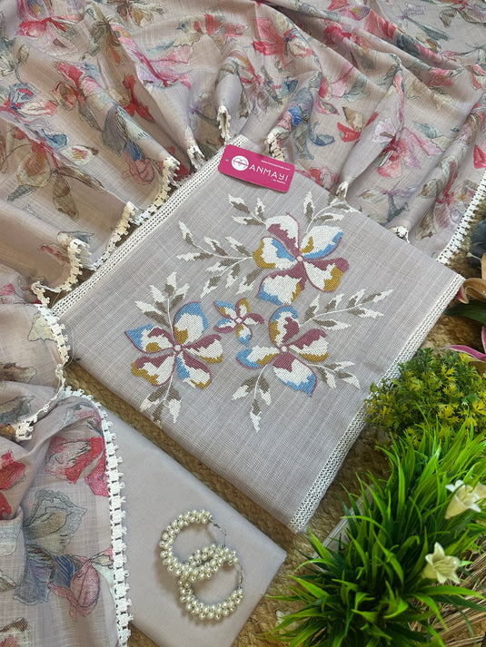Kota Doria linen fusion cross stitch work suit