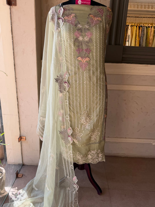 Organza pastel thread work pakistani suit set