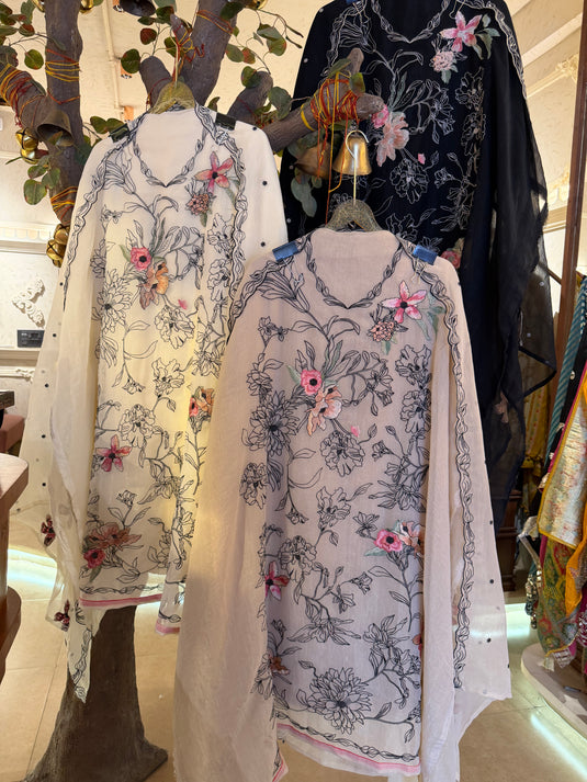 Organza Pakistani suit set with machine embroidered work and shimmer effect