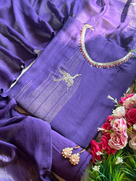 Embroidered flamingo cotton silk suit set with step Banarasi weave