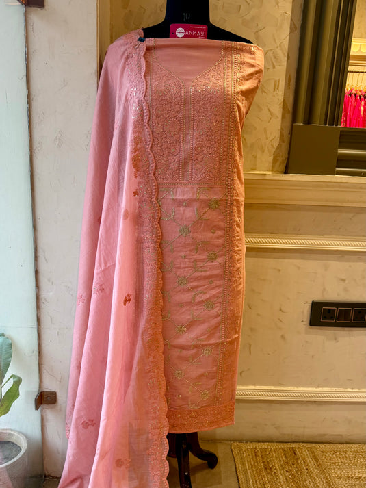 Panel pita work embroidered Mul Chanderi suit set