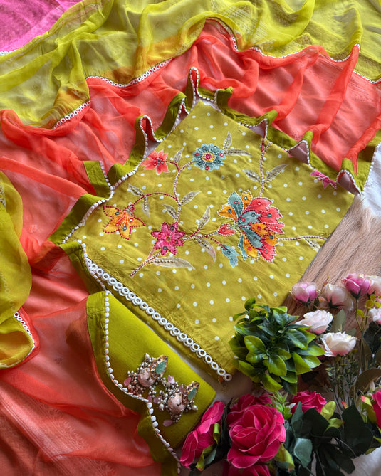 Highlighted hibiscus pure cotton polka dots suit set with tricolour dupatta