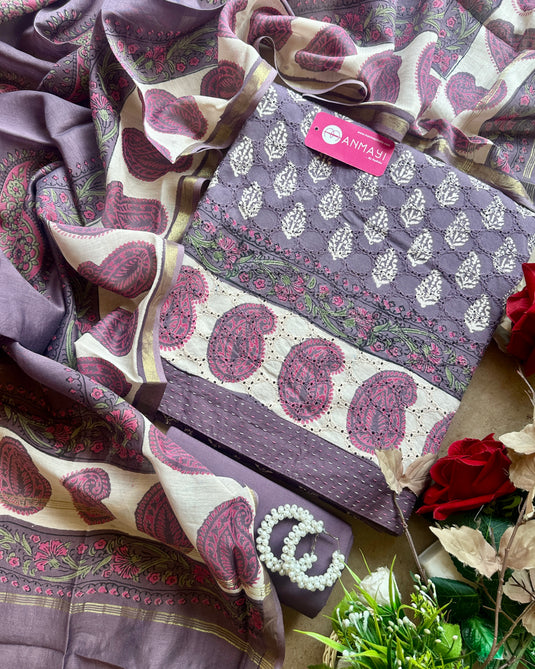 Hakooba block print suit set with cotton silk dupatta