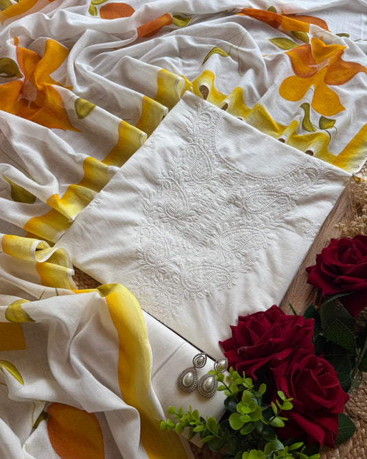 Cotton Chikankari neck with handpaint mul dupatta
