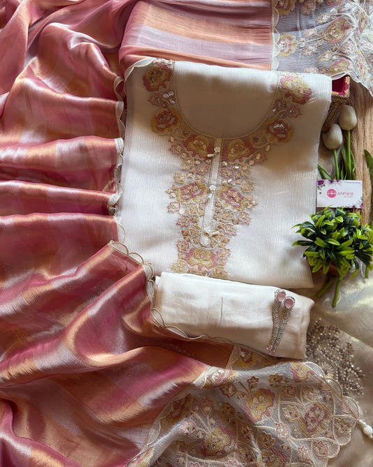 Cream crushed tissue suit set with cross stitch embroidery and shaded pure silk dupatta